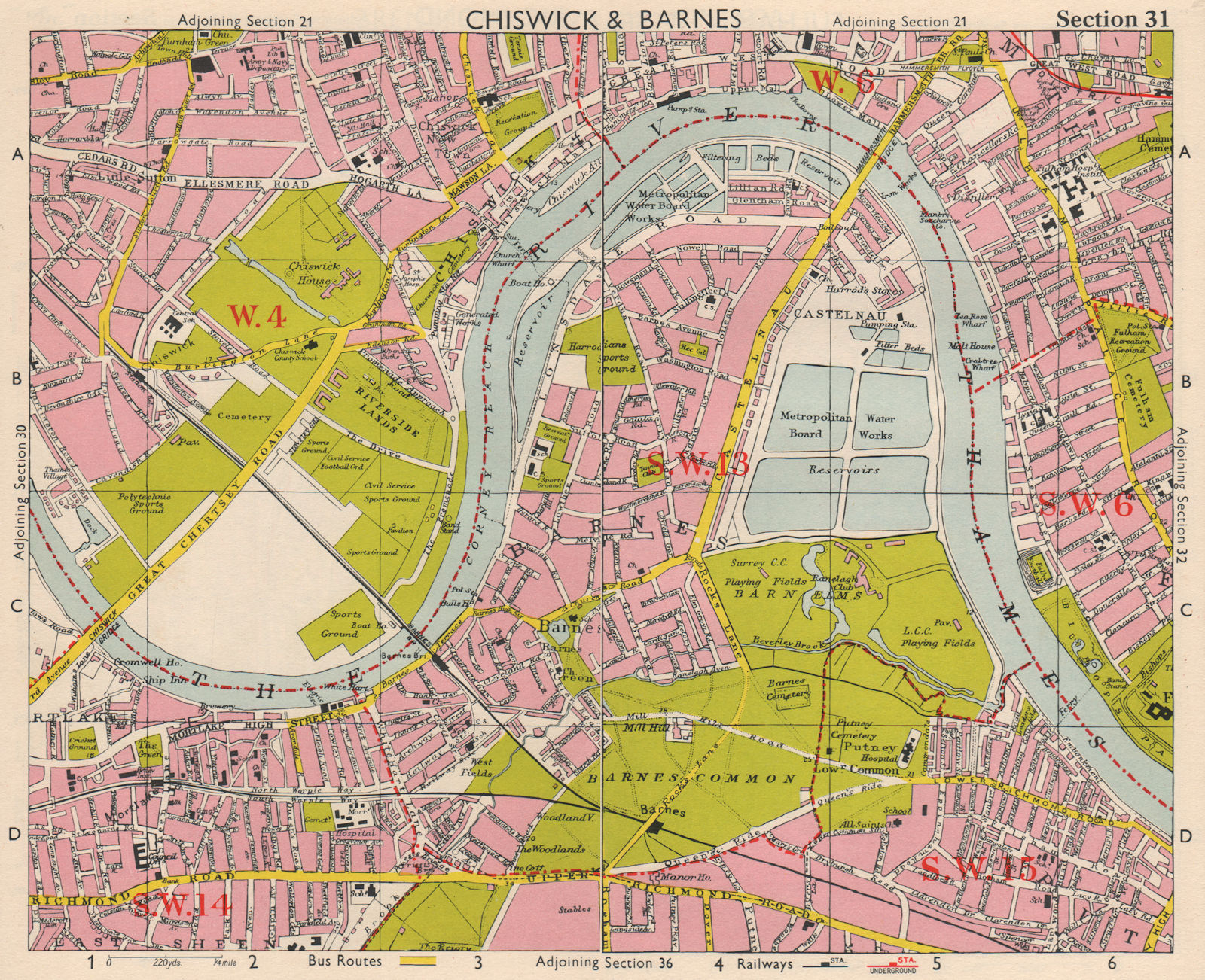 SW LONDON. Chiswick Barnes Castlenau Fulham Hammersmith Mortlake.BACON 1963 map