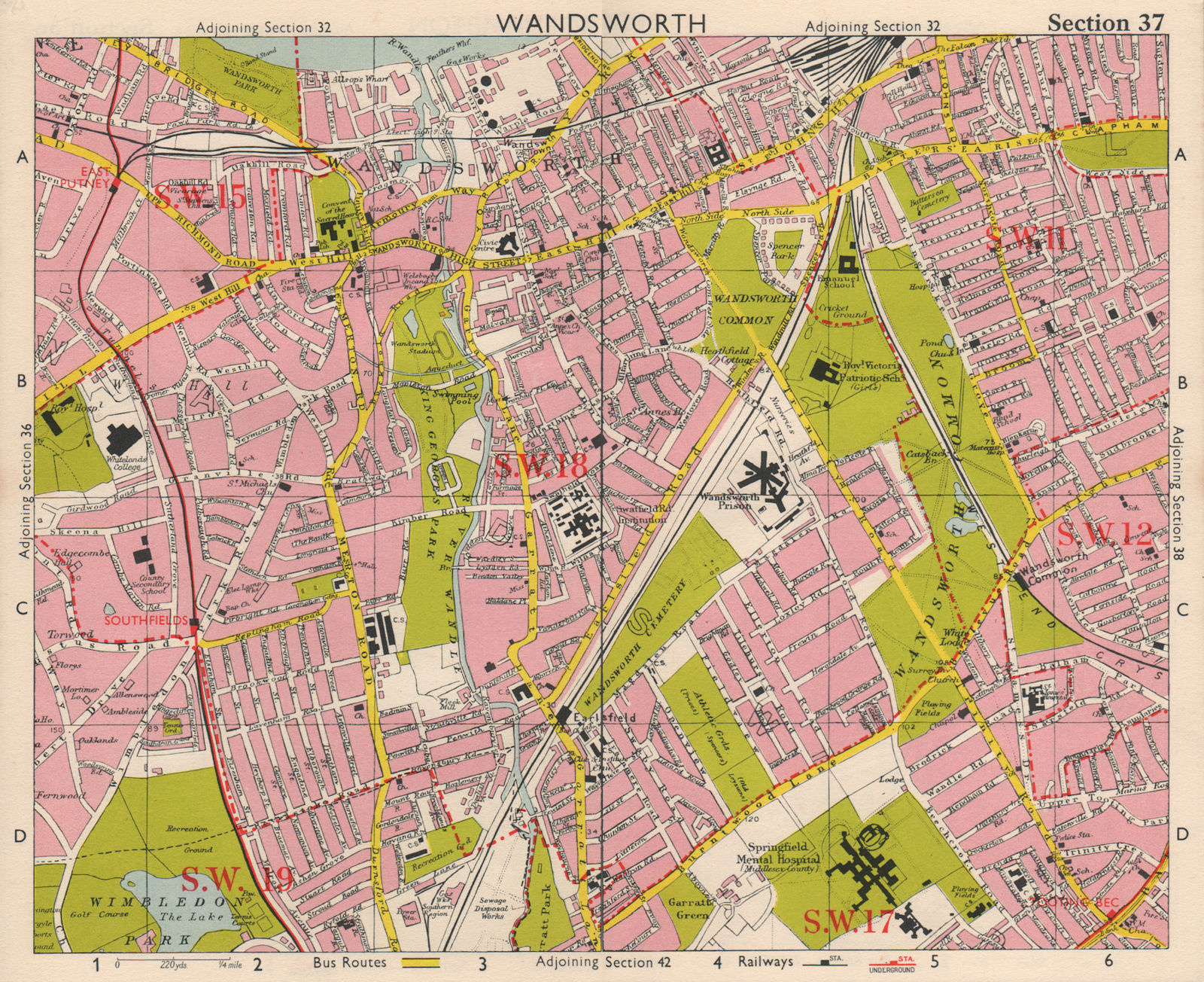 SW LONDON. Wandsworth E Putney Wimbledon Earlsfield Southfields. BACON 1963 map
