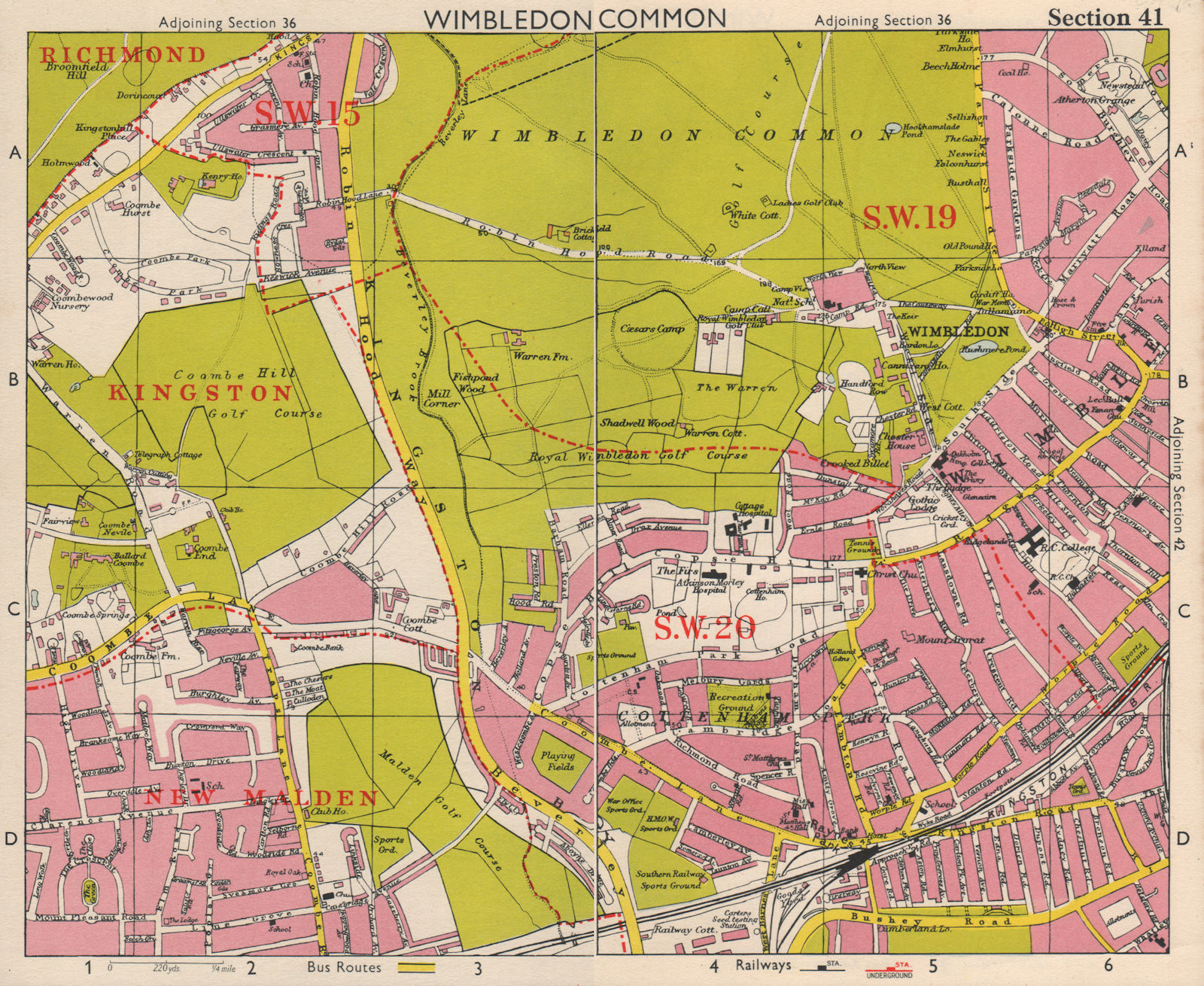 SW LONDON. Wimbledon Common Cottenham Park Malden Coombe Hill. BACON 1963 map