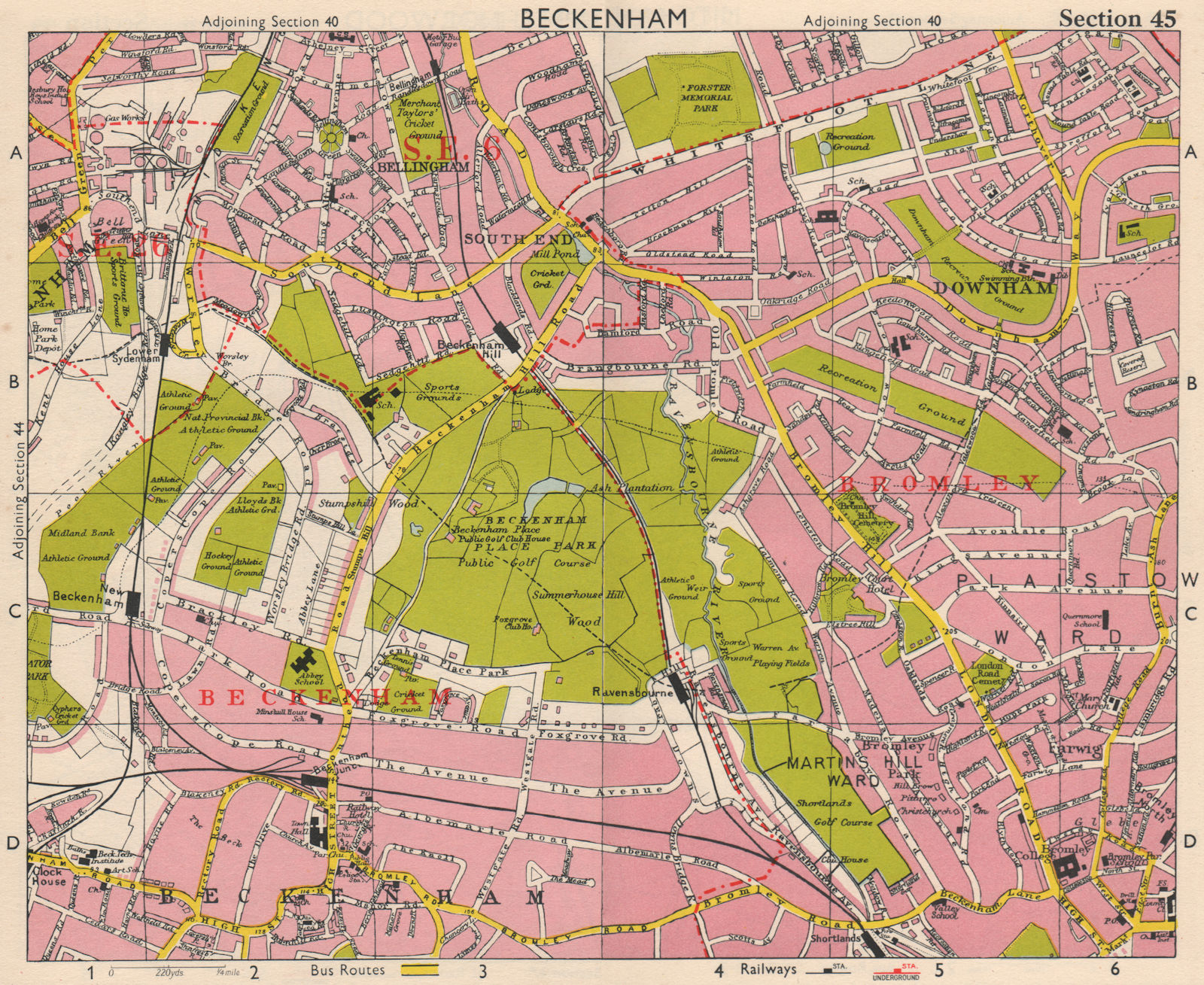 SE LONDON. Beckenham Downham Bellingham Bromley Bell Green. BACON 1963 old map
