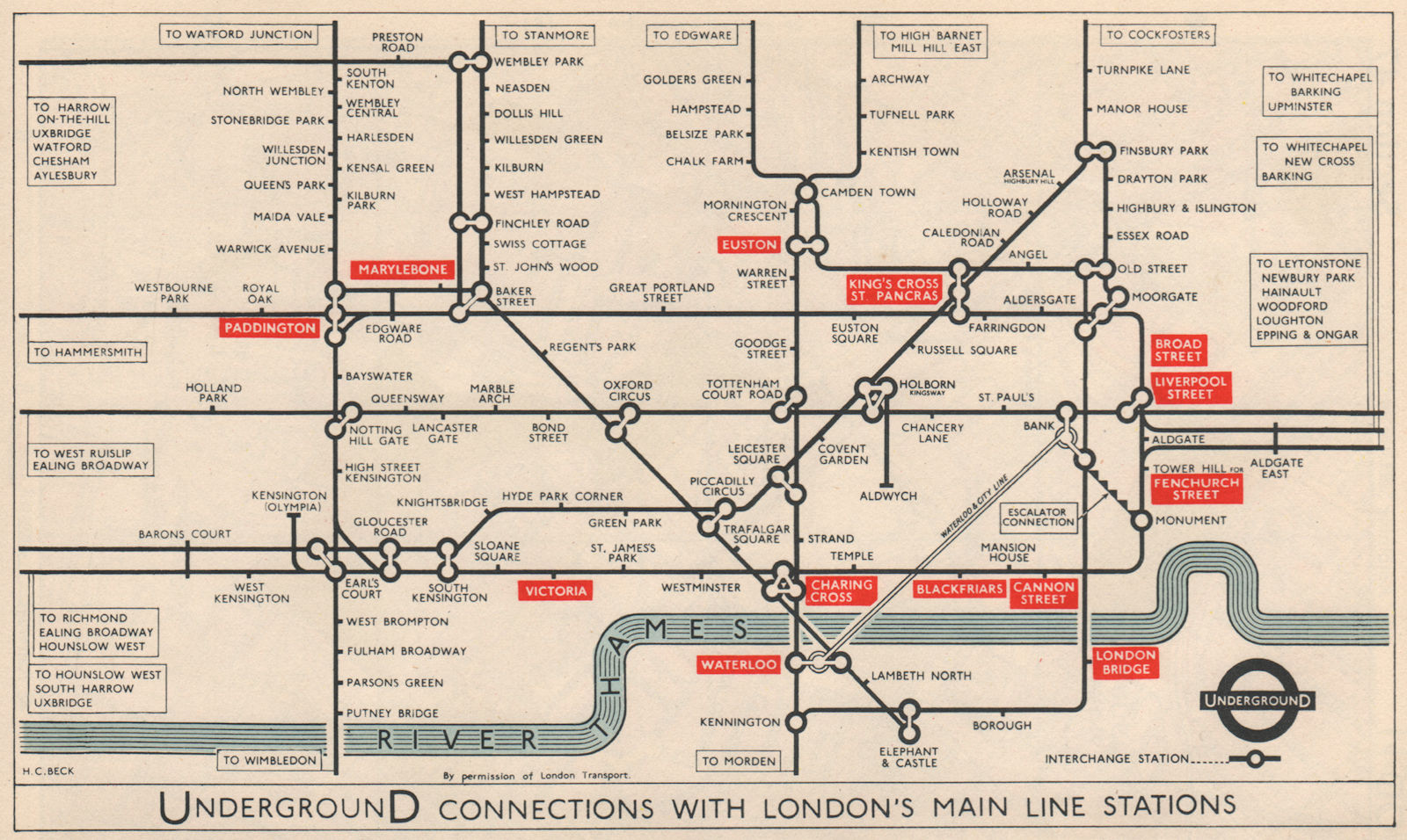 LONDON UNDERGROUND. Main Line rail connections. Pre-Victoria Line. BECK 1963 map