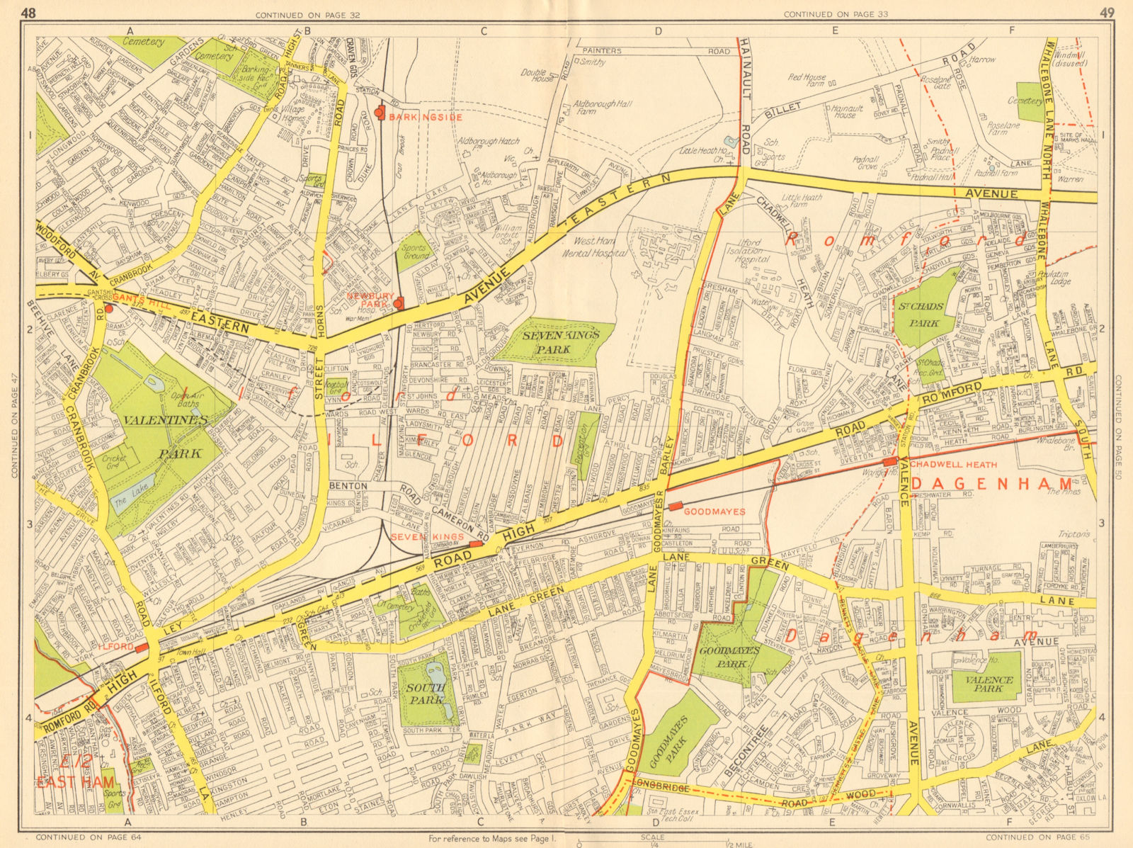 ILFORD Dagenham Romford Barkingside Chadwell Heath. GEOGRAPHERS' A-Z 1948 map