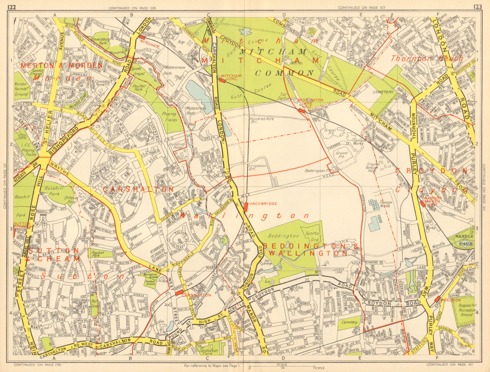 SUTTON Carshalton Morden Mitcham Common Croydon. GEOGRAPHERS' A-Z 1948 old map