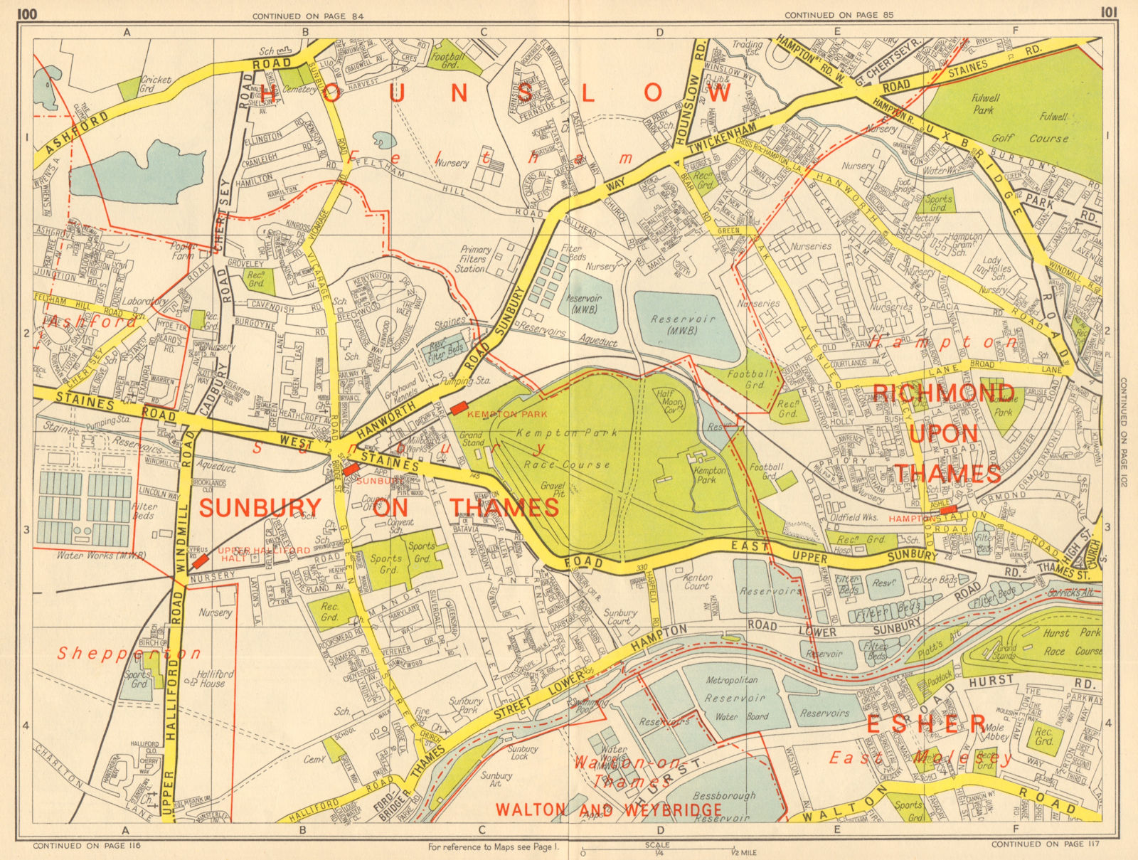 SUNBURY-ON-THAMES Hampton East Molesey Kempton Park. GEOGRAPHERS' A-Z 1964 map
