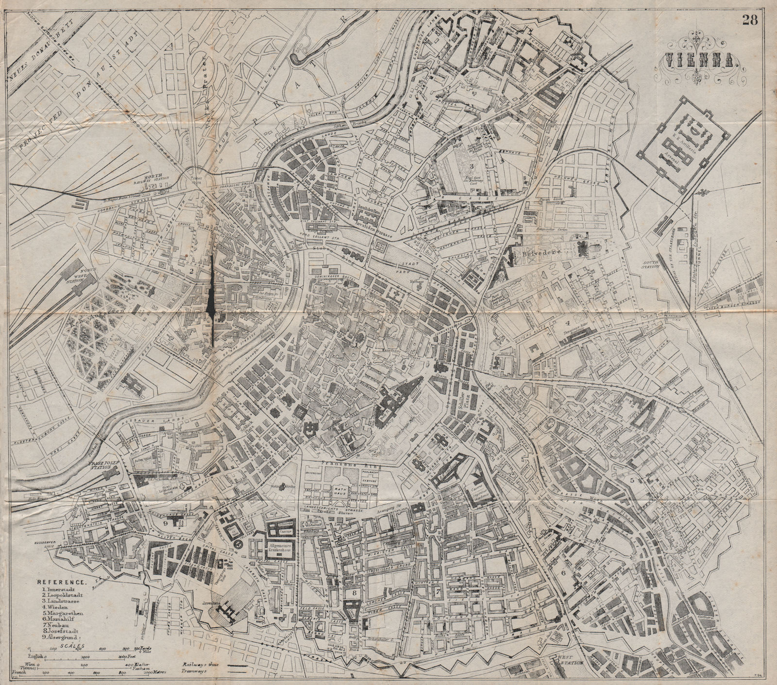 VIENNA WIEN. Antique town plan. City map. Austria. BRADSHAW 1895 old