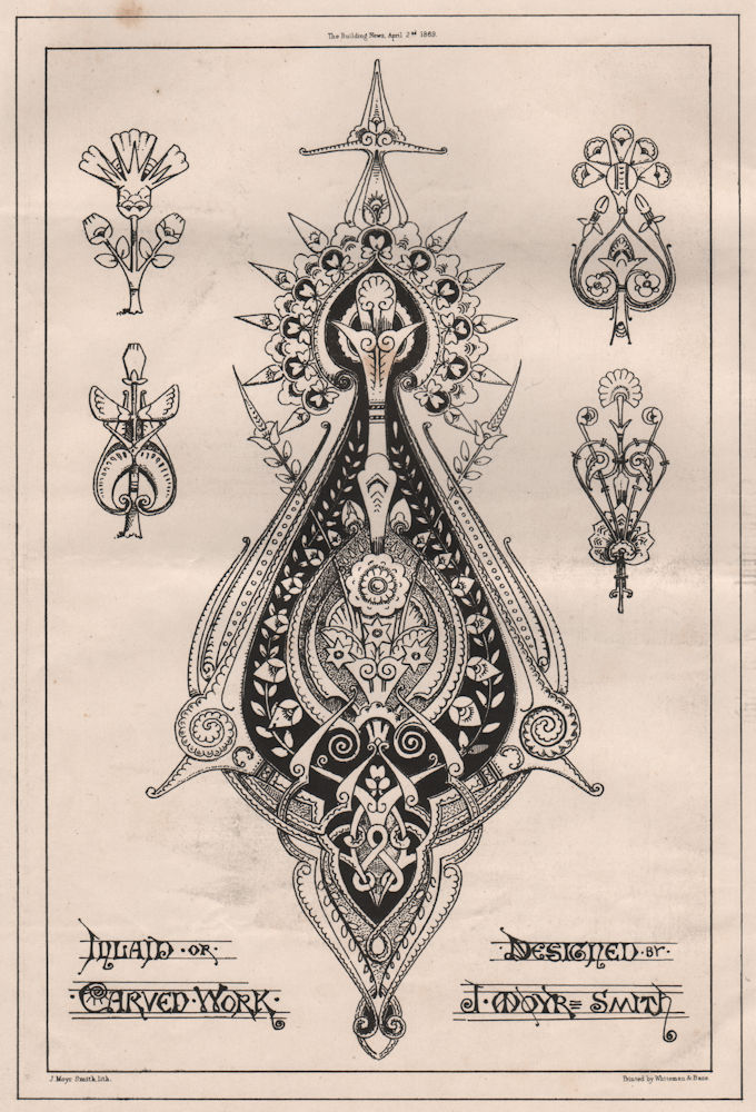 Associate Product Inlaid or carved work; designed by J. Moyr Smith. Decorative 1869 old print