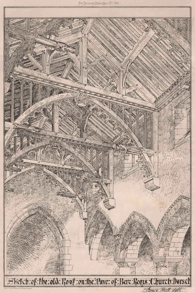 Associate Product Sketch of the old roof on the nave of Bere Regis Church, Dorset 1869 print