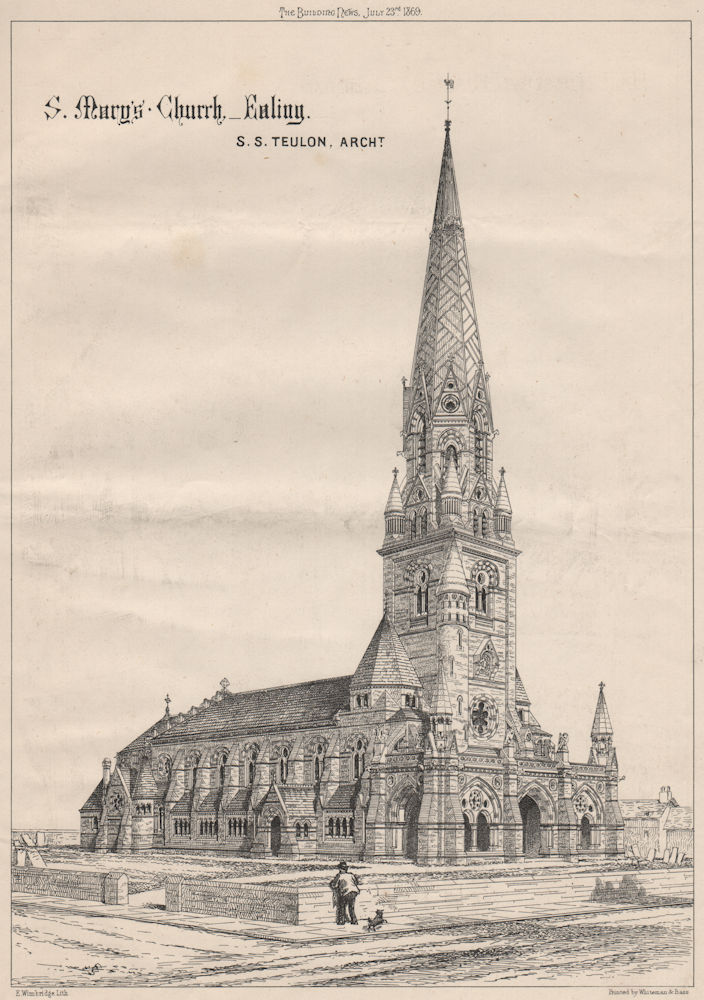 St. Mary's Church, Ealing; S.S. Teulon, Architect. London 1869 old print