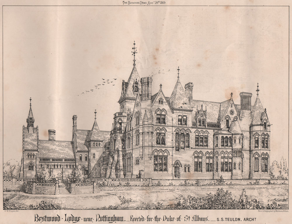 Bestwood Lodge, Nottingham - erected for the Duke of St. Albans 1869 old print