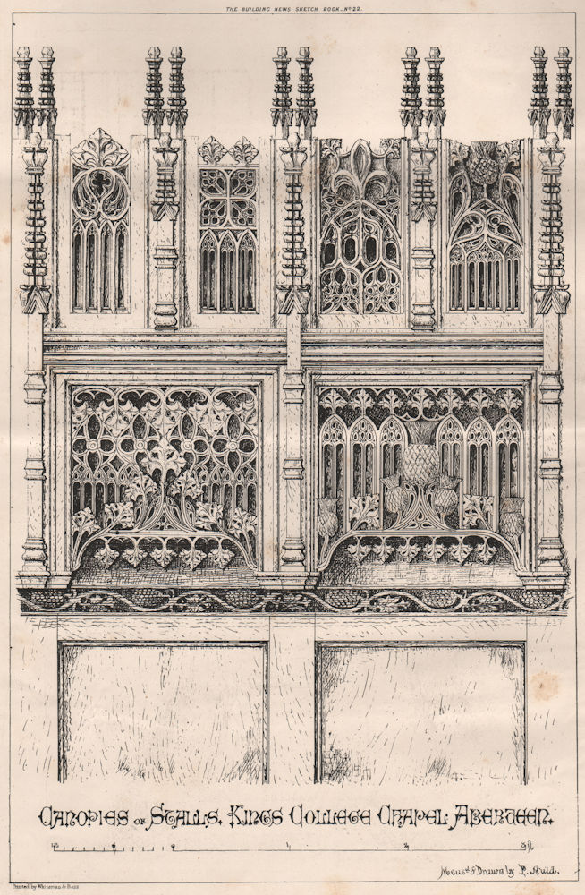 Canopies or stalls, Kings College Chapel, Aberdeen. Scotland 1870 old print