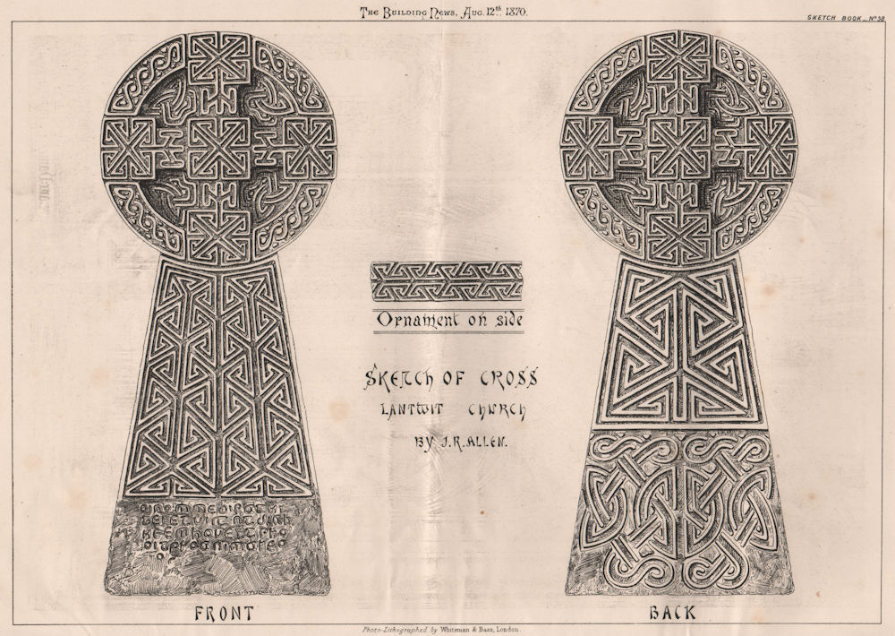 Associate Product Ornament on side; Cross Lantwit Church; J.R. Allen. Glamorganshire 1870 print