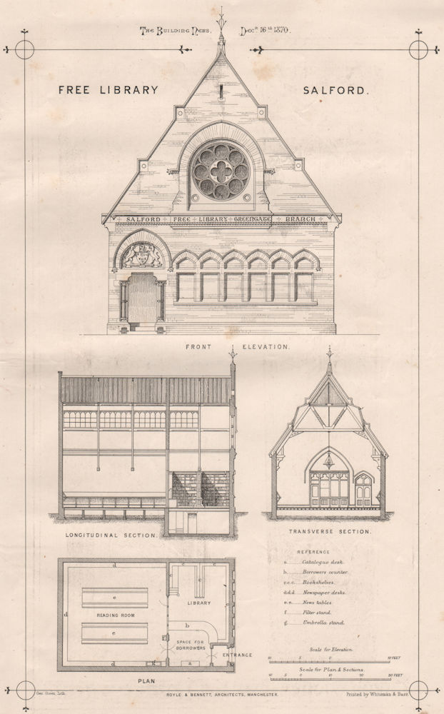 Associate Product Free Library, Salford; Royle & Bennett, Architects, Manchester 1870 old print
