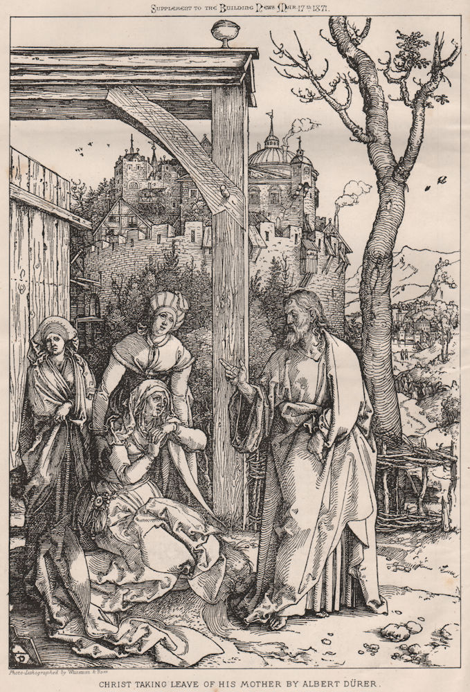 Christ Taking leave of his mother by Albert Dürer. Religious 1871 old print