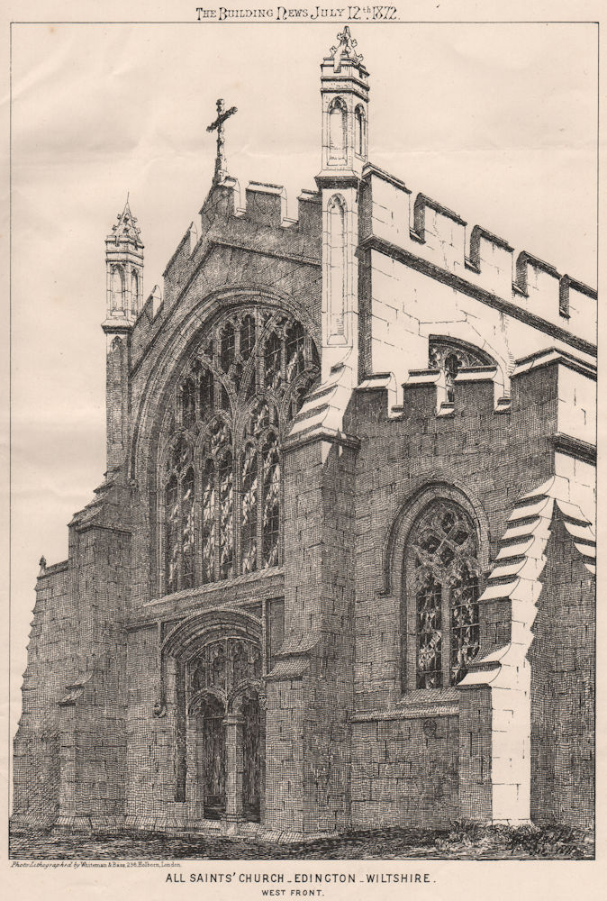 All Saints' Church, Edington, Wiltshire. West Fornt 1872 old antique print