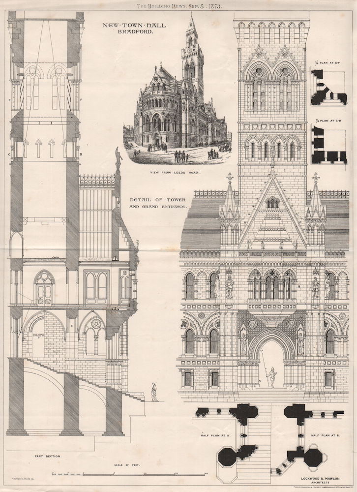 New Town Hall, Bradford; tower & entrance; Lockwood & Mawson Architects 1873