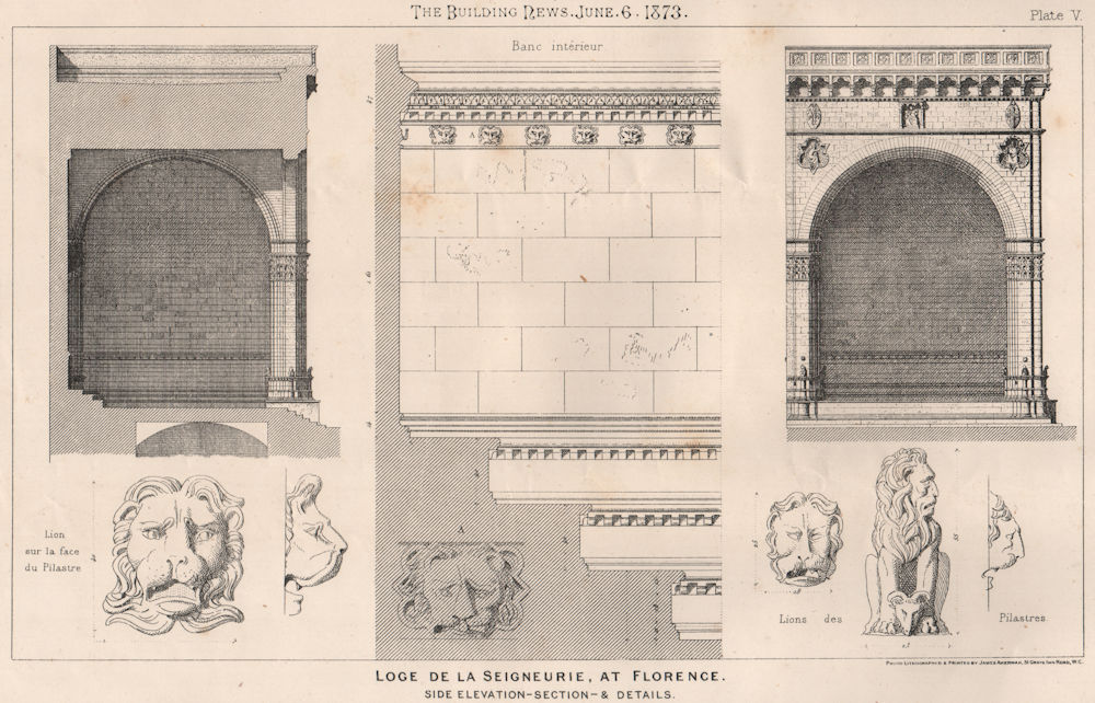 Associate Product Loge de la Seigneurie, Florence, side elevation section & details 1873 print