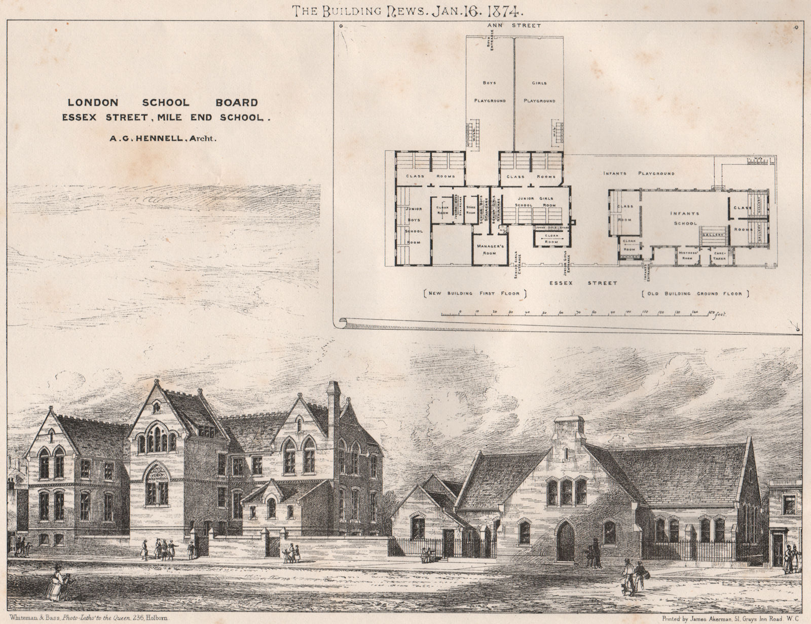 London School Board, Essex Street, Mile End School; A.G. Hennell, Archt 1874