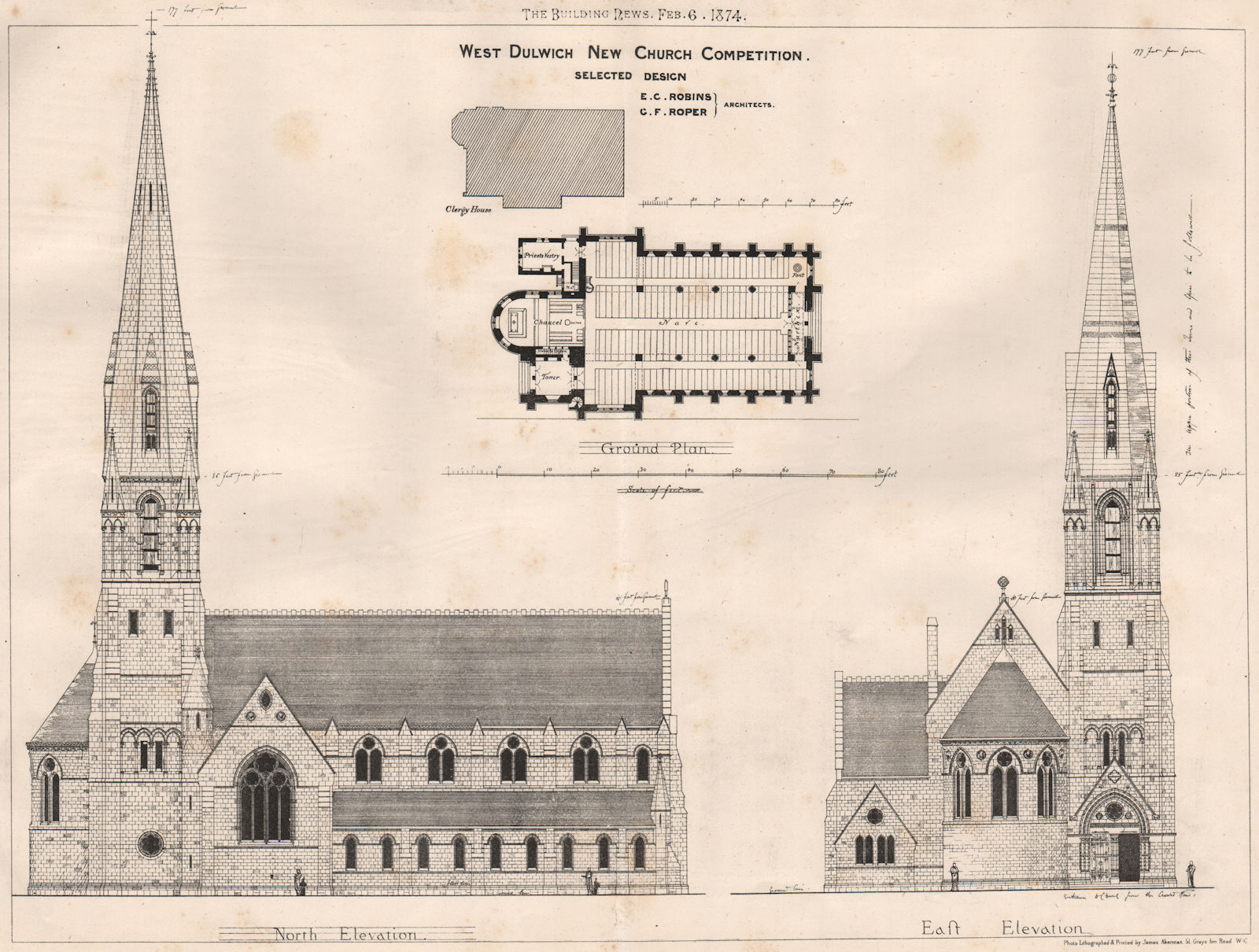 West Dulwich new church competition selected design; Robins & Roper Archts 1874