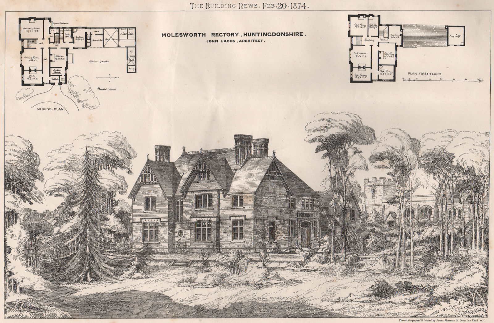 Associate Product Molesworth Rectory, Huntingdonshire; John Ladds, Architect 1874 old print