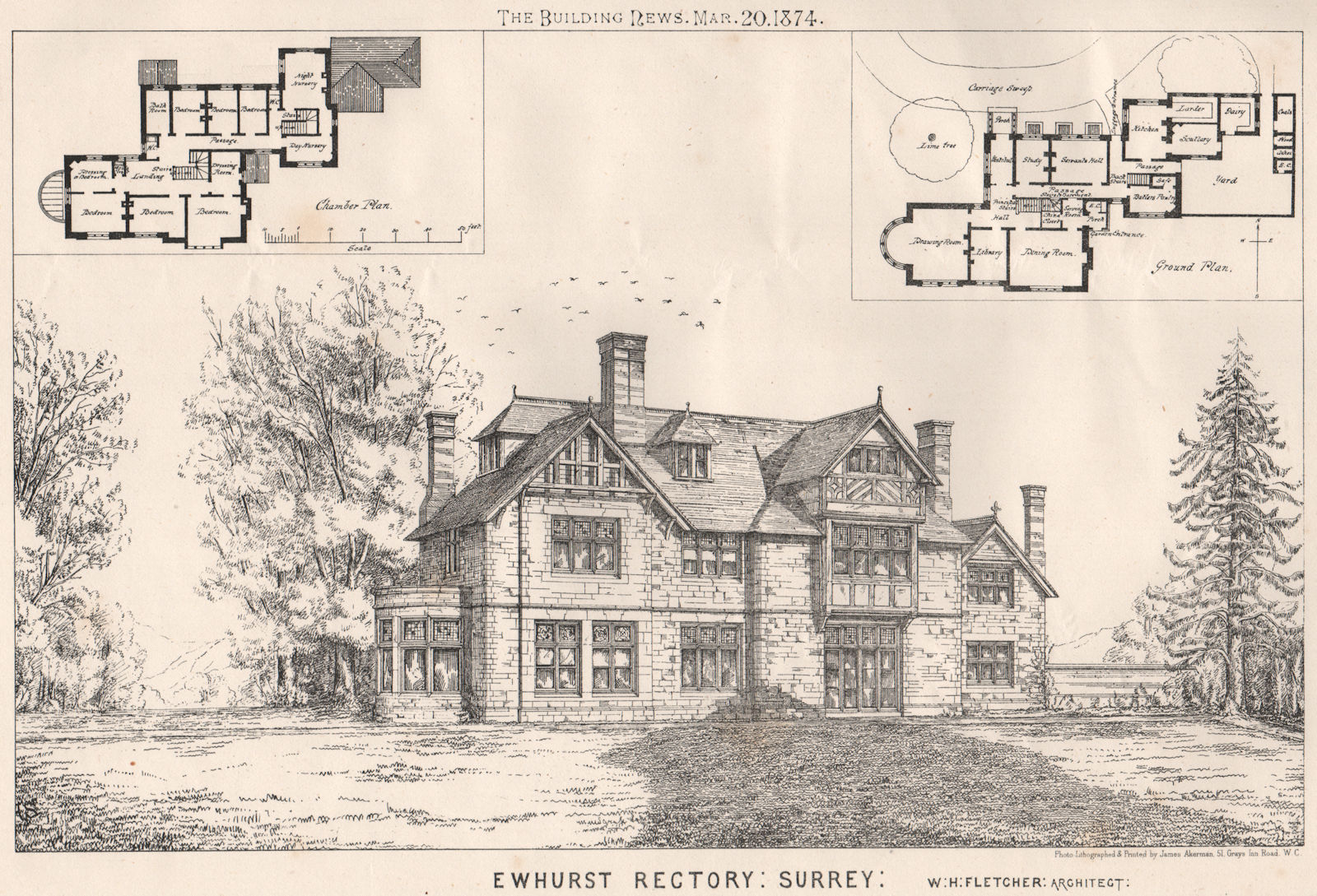 Associate Product Ewhurst Rectory, Surrey; W.H. Fletcher, Architect 1874 old antique print