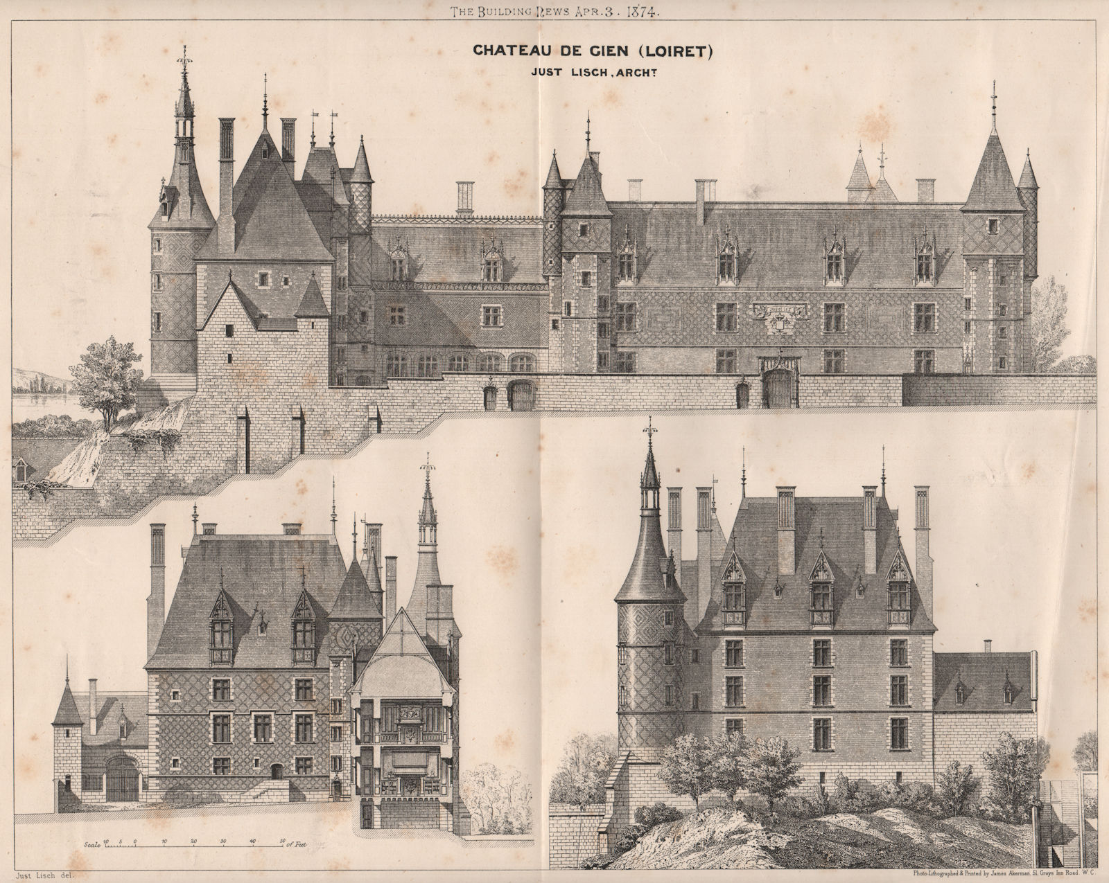 Chateau de Gien (Loiret); Just Lisch, Architect 1874 old antique print picture