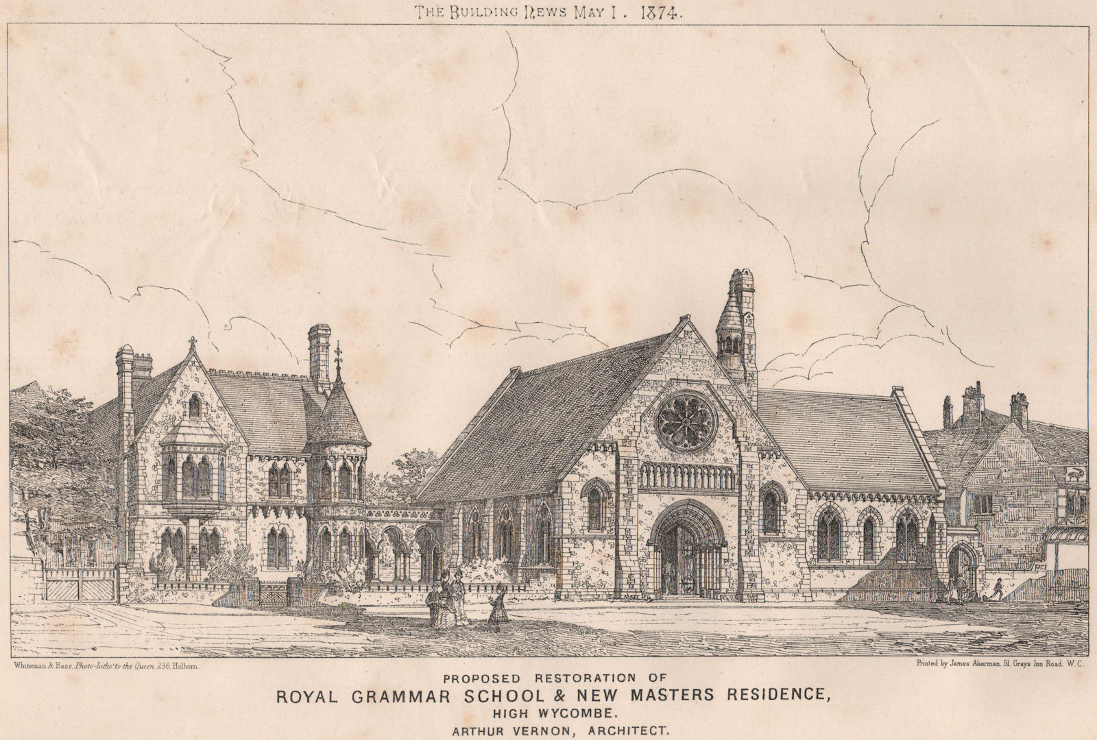 Associate Product Royal Grammar School restoration & masters residence, High Wycombe 1874 print