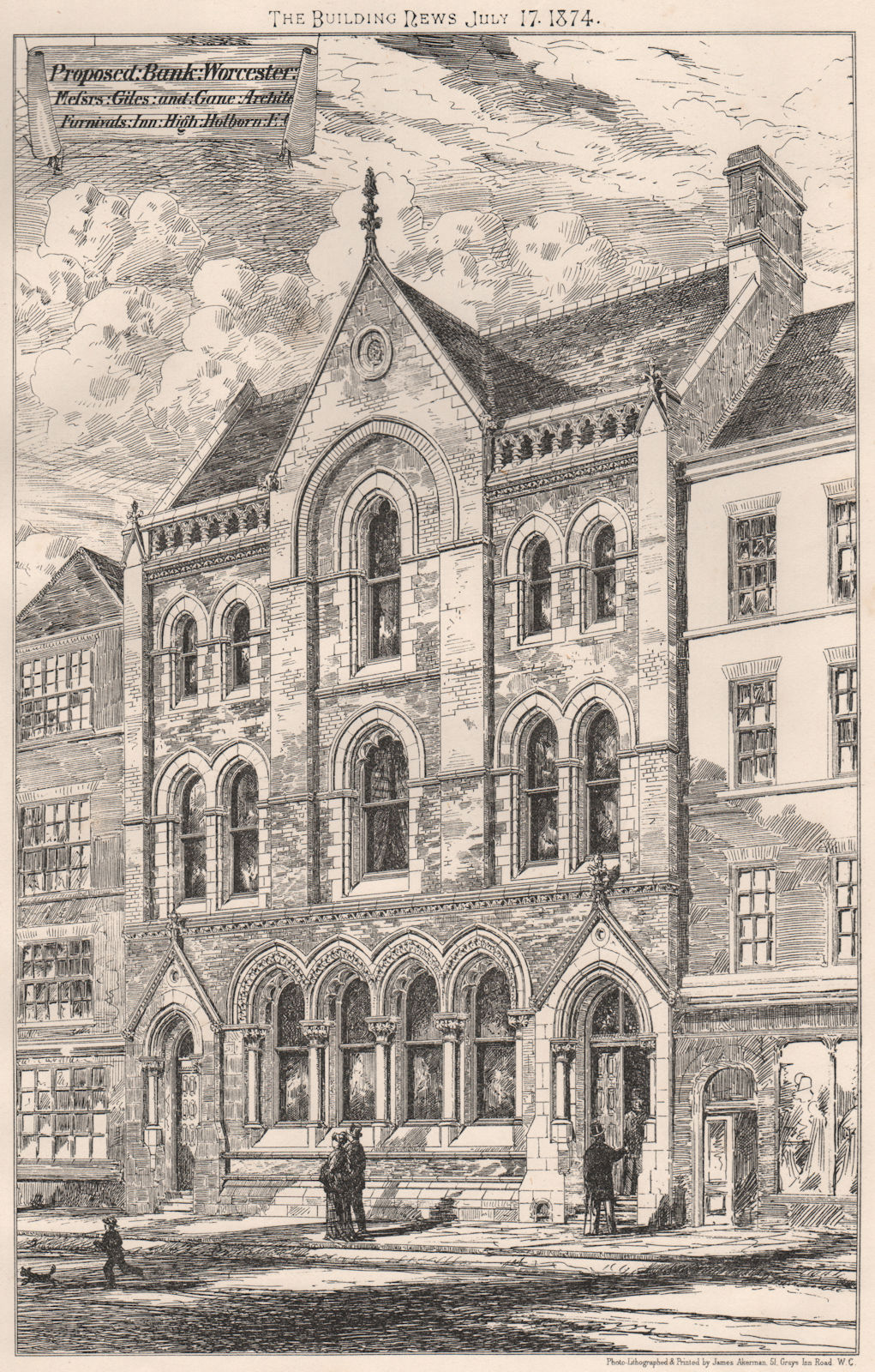 Associate Product Proposed bank, Worcester; Giles & Gane Architect. Worcestershire 1874 print