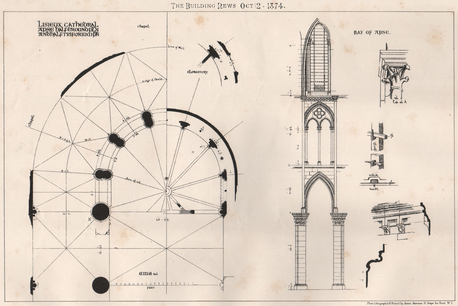 Lisieux Cathedral, Apse half ground/half triforium plan. Calvados 1874 print