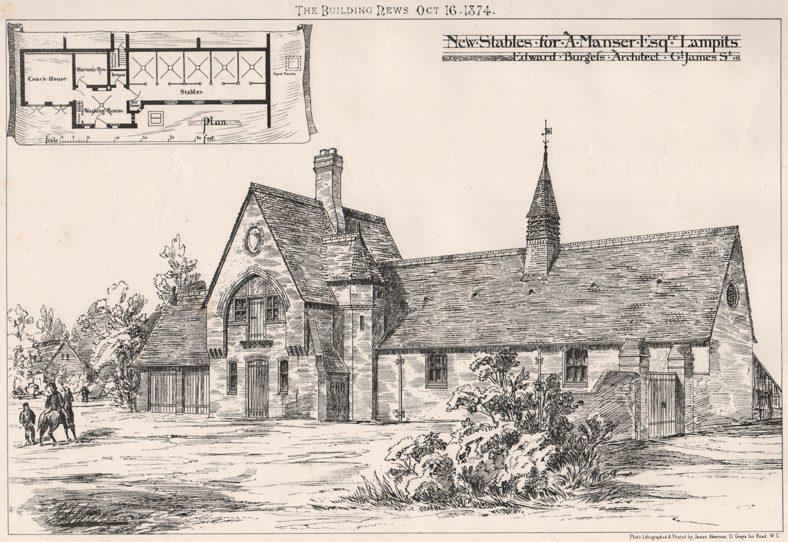 Associate Product New stables for A. Manser, Lampits; Edward Burgess Architect. Essex 1874 print