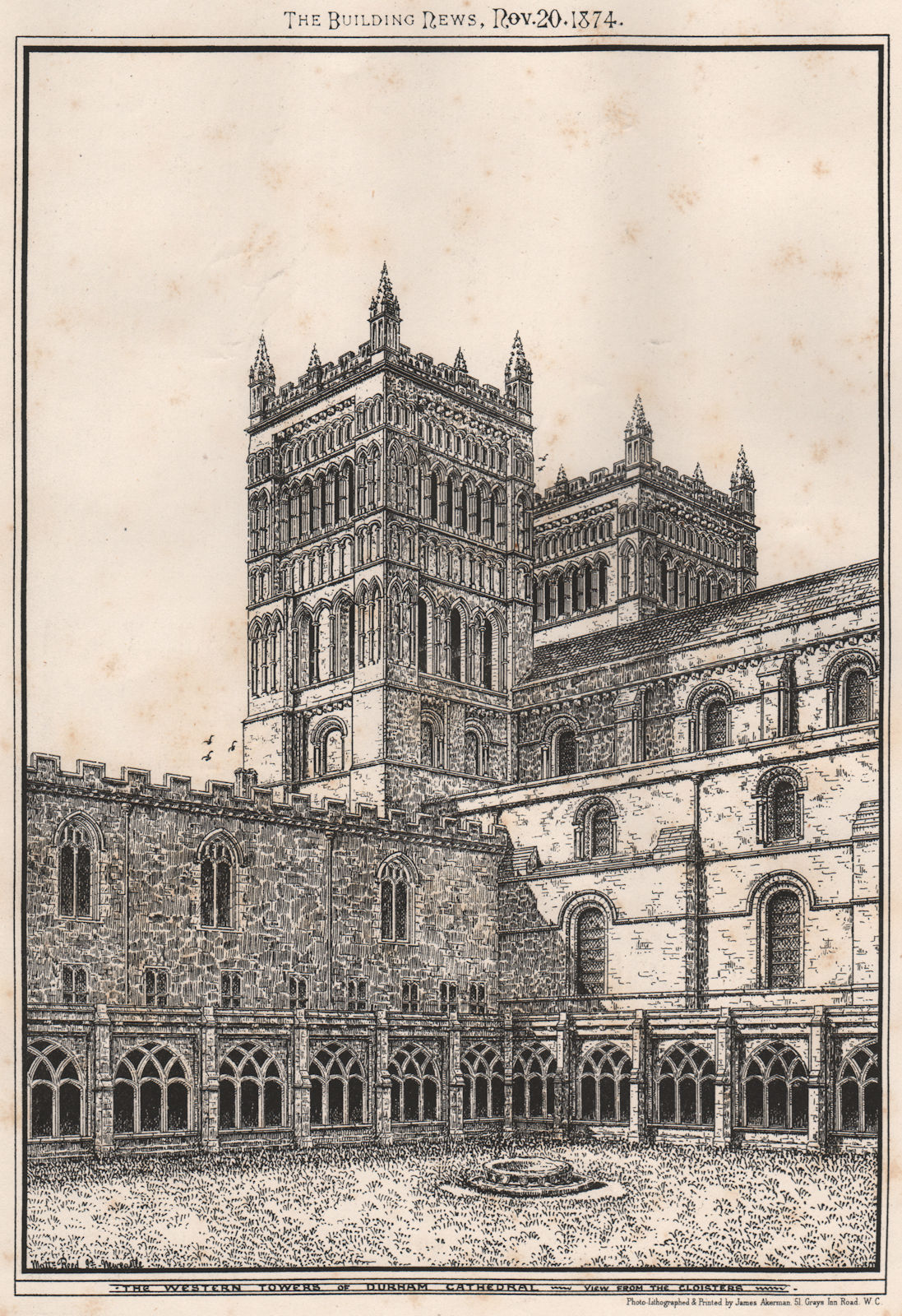 Associate Product The western towers of Durham Cathedral, view from the Cloisters 1874 old print