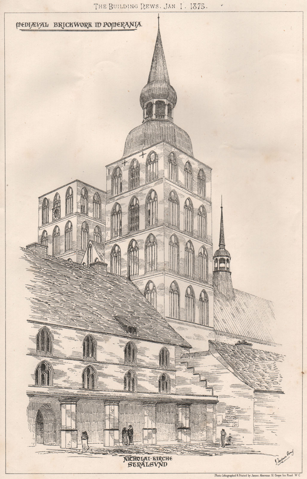 Associate Product Mediaeval brickwork in Pomerania; Nicholai-Rirche Stralsund 1875 old print