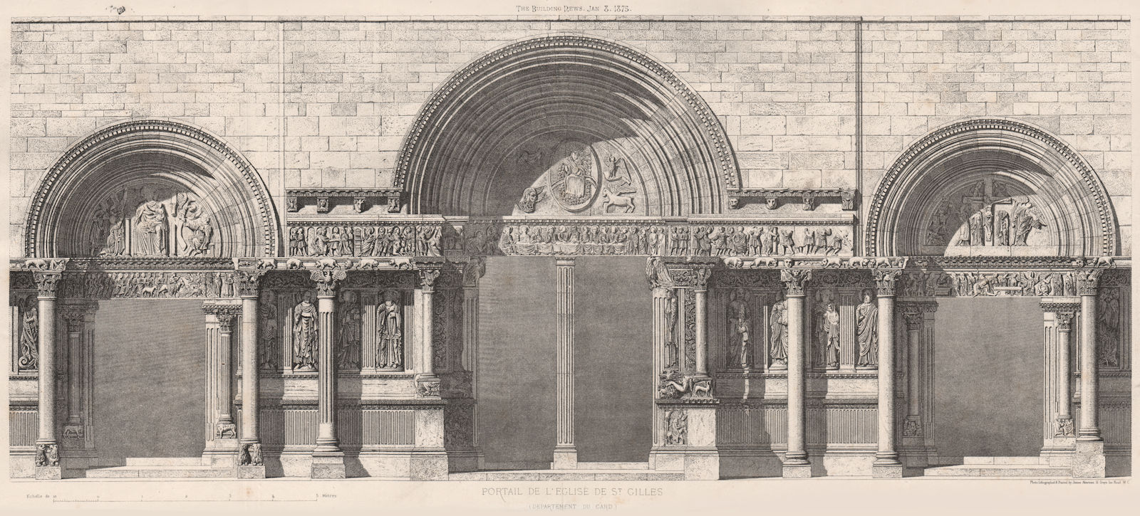 Portail de l'eglise de St. Gilles (Departement du Gard) 1875 old antique print