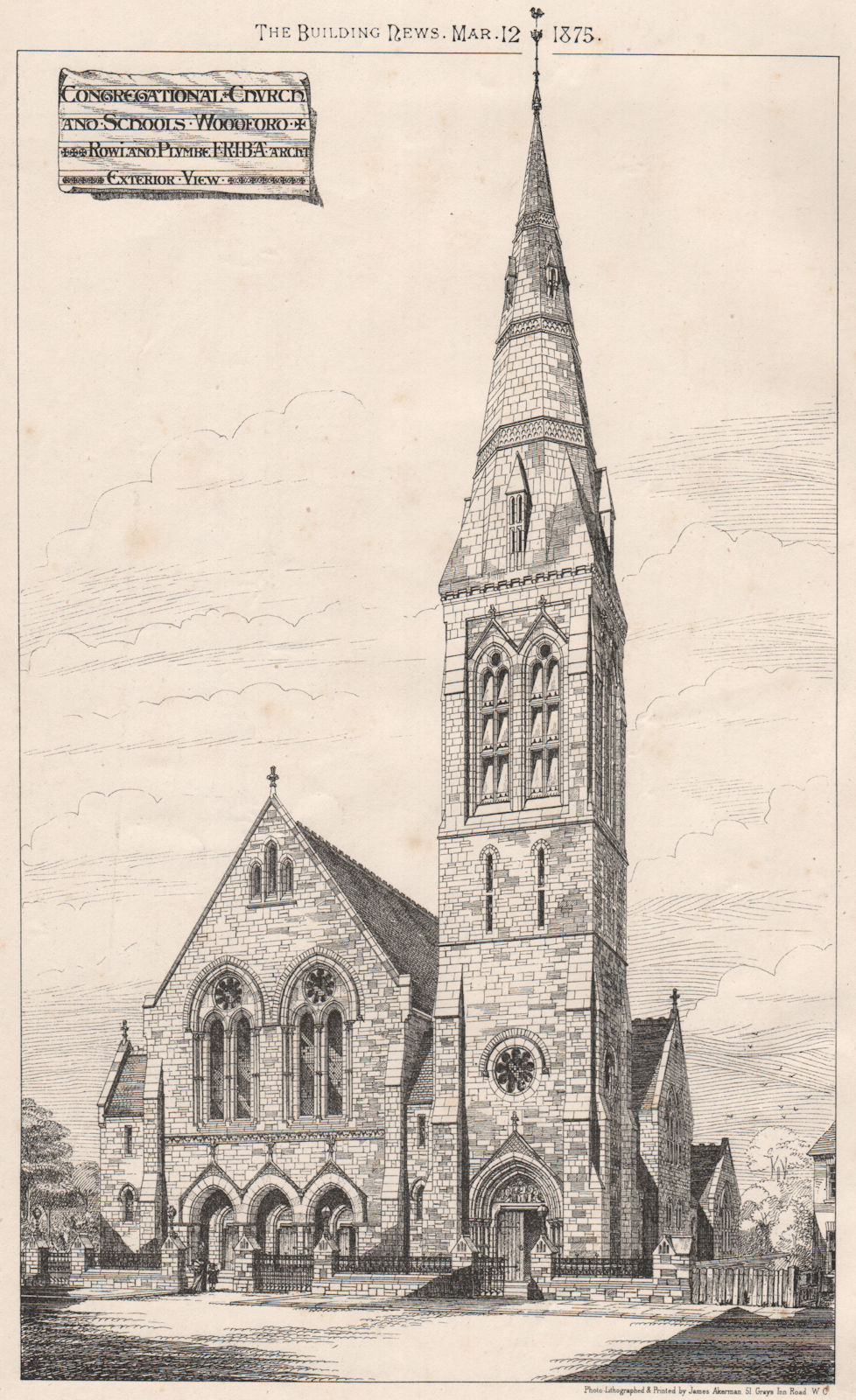 Associate Product Congregational Church & Schools, Woodford; Rowland Plumbe Architect 1875 print