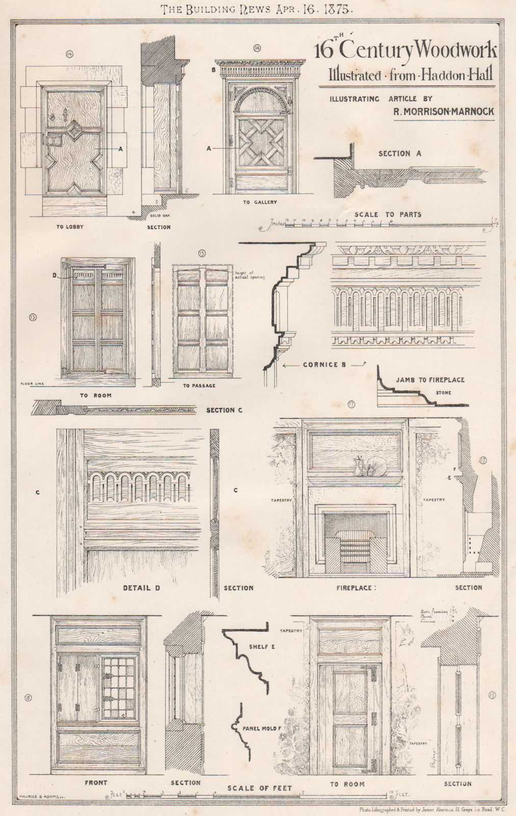 16th century woodwork illustrated from Haddon Hall. Derbyshire (2) 1875 print