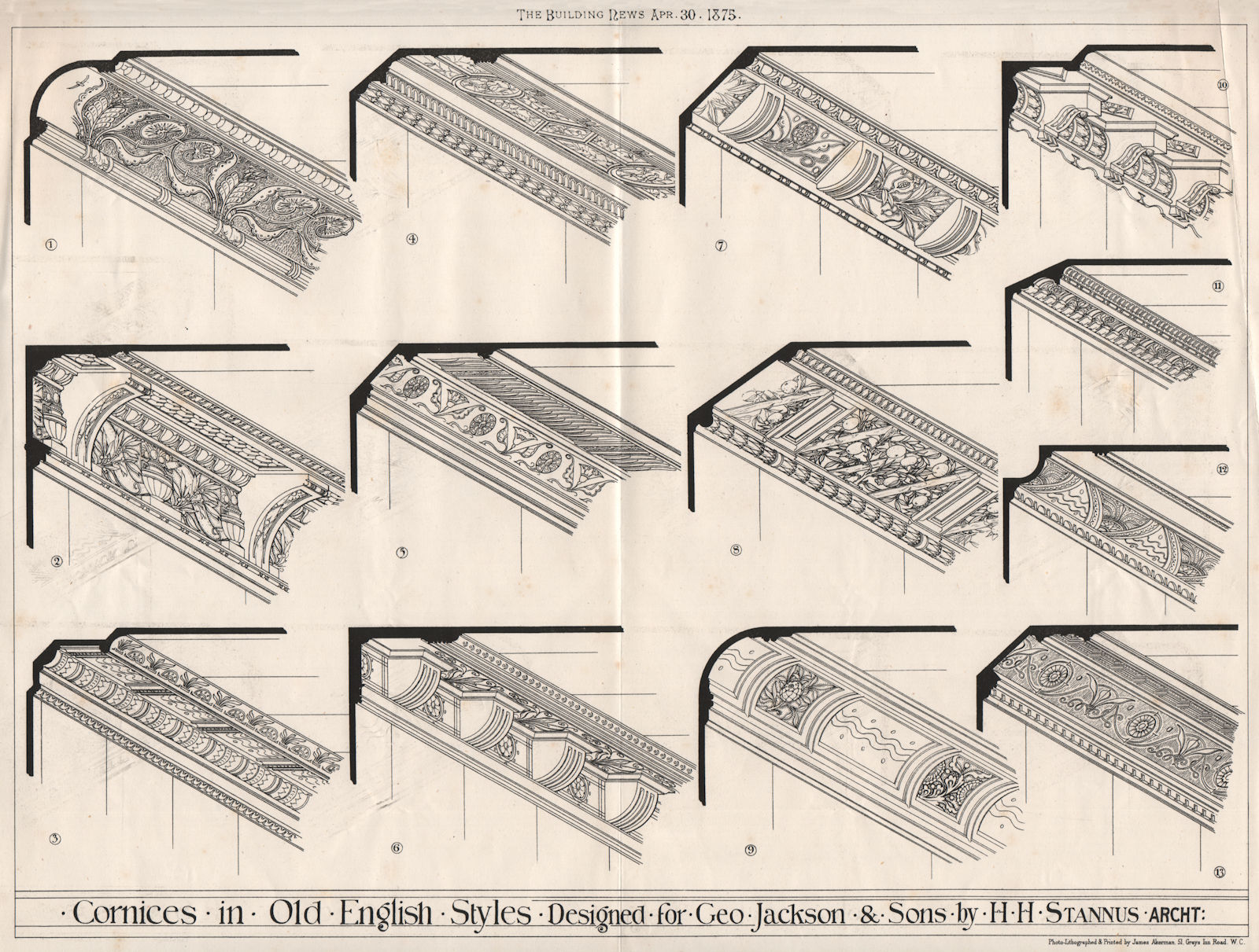 Associate Product Cornices in old English styles; for Geo. Jackson & Sons; H.H. Stannus Archt 1875