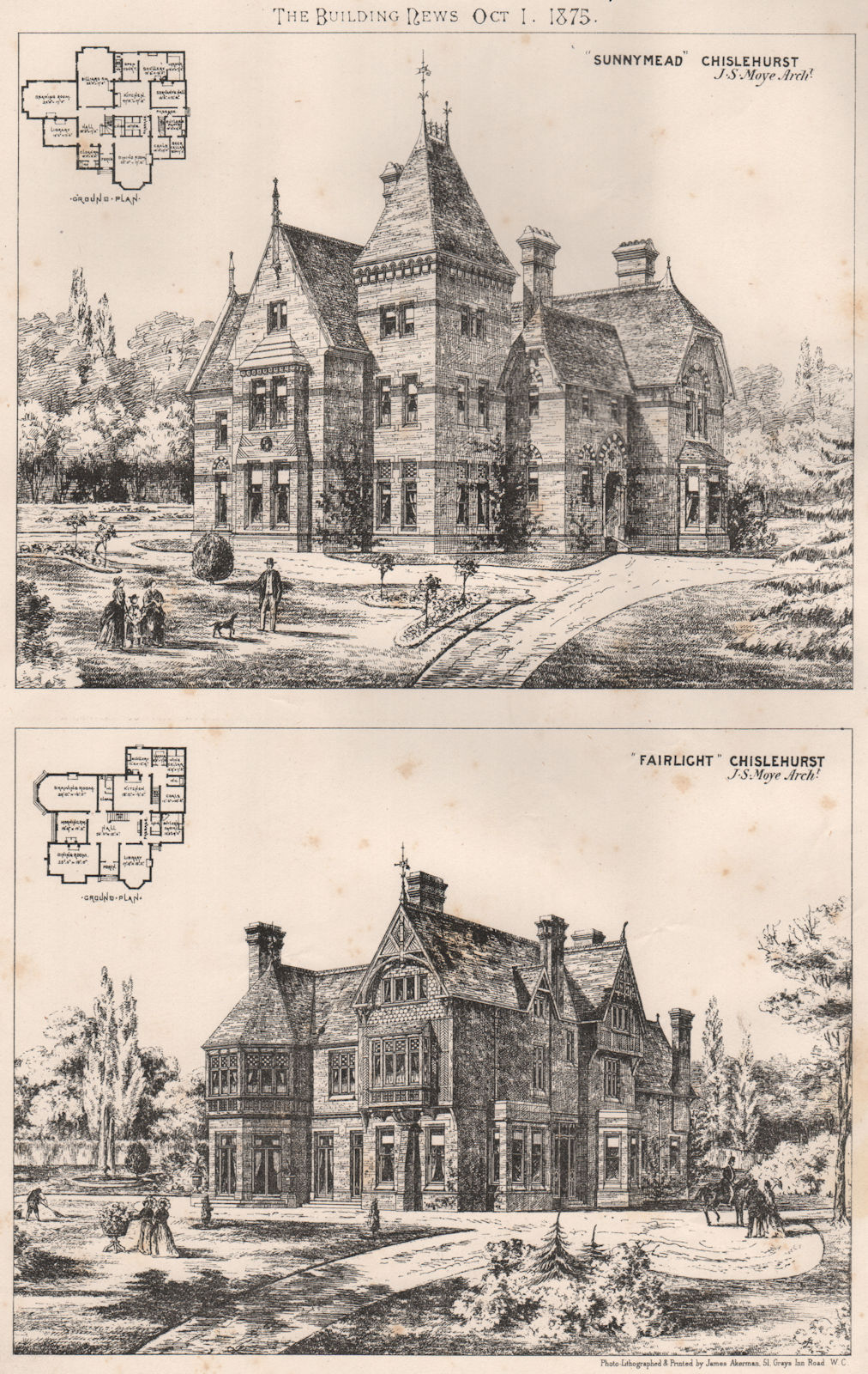 "Sunnymead" & "Fairlight", Chislehurst; J.S. Moye Architect 1875 old print