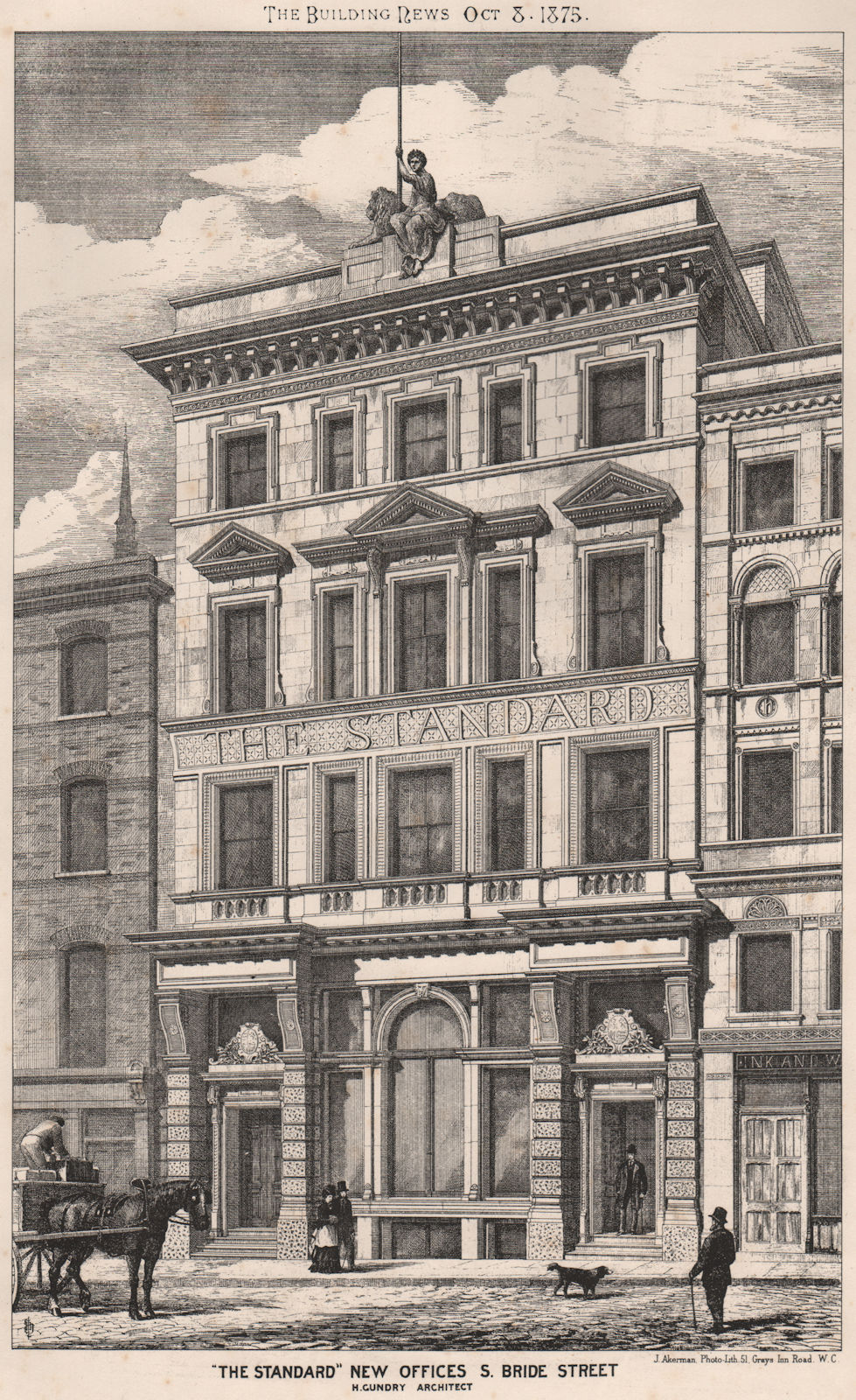 "The Standard" new offices, St. Bride Street; H. Gundry, Architect 1875 print