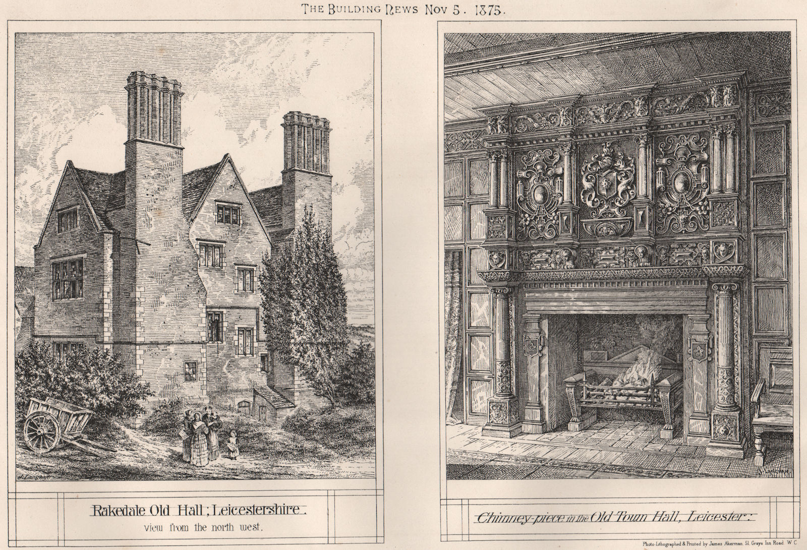 Associate Product Rakedale Old Hall, Leicestershire. Old Town Hall chimney, Leicester 1875 print