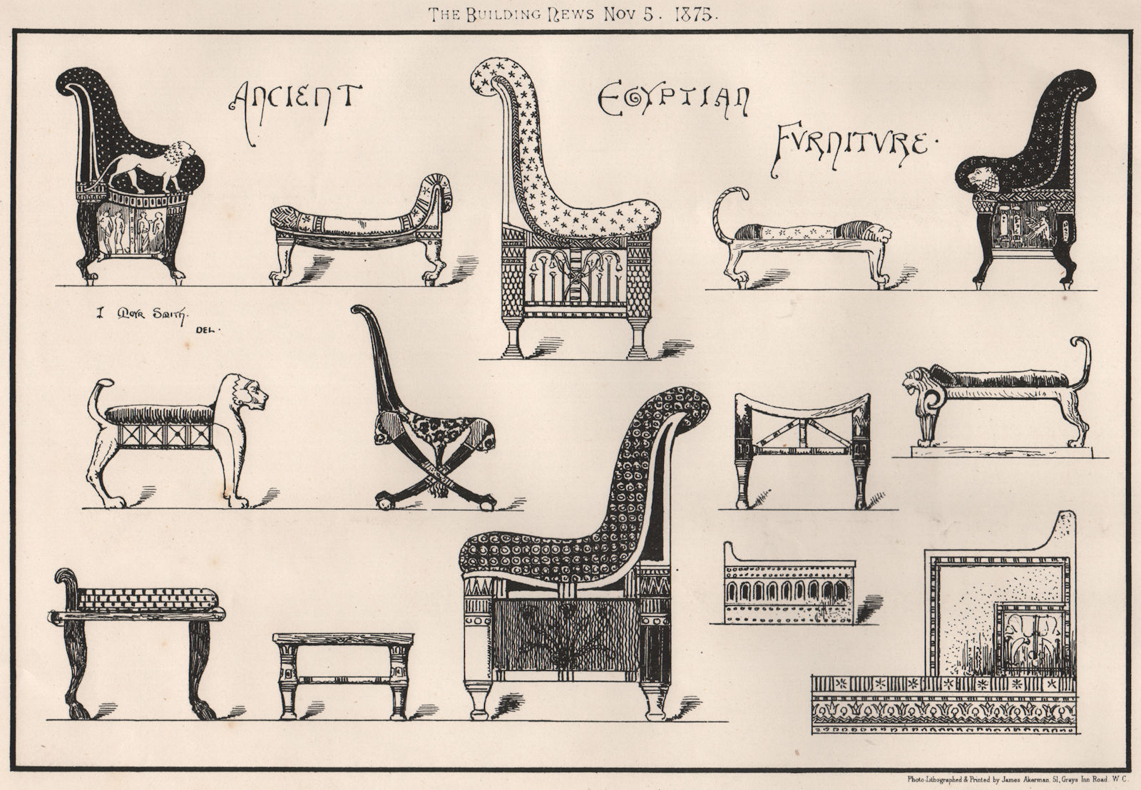 Ancient Egyptian furniture 1875 old antique vintage print picture