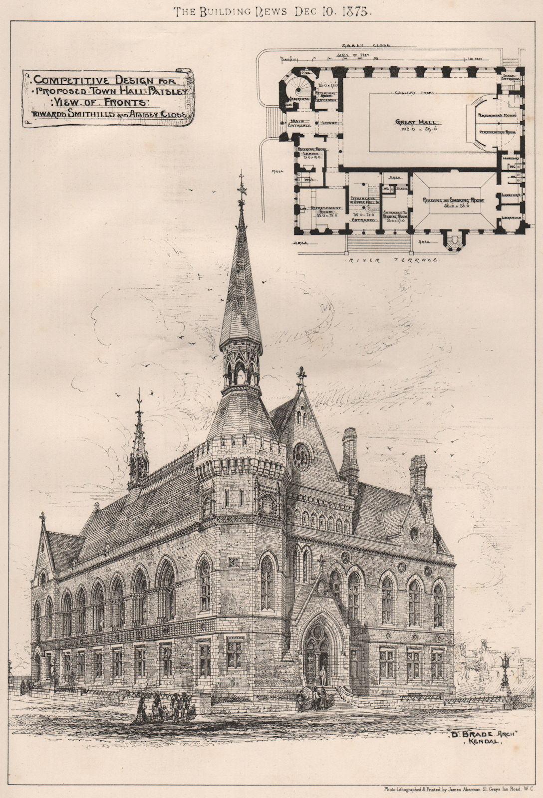 Paisley Town Hall design. Towards Smithfield & Abbey Close; D. Brade 1875