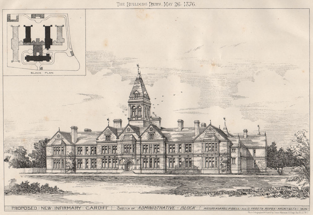 Associate Product Proposed new infirmary, Cardiff; Bell & Roper Architects. Wales 1876 old print
