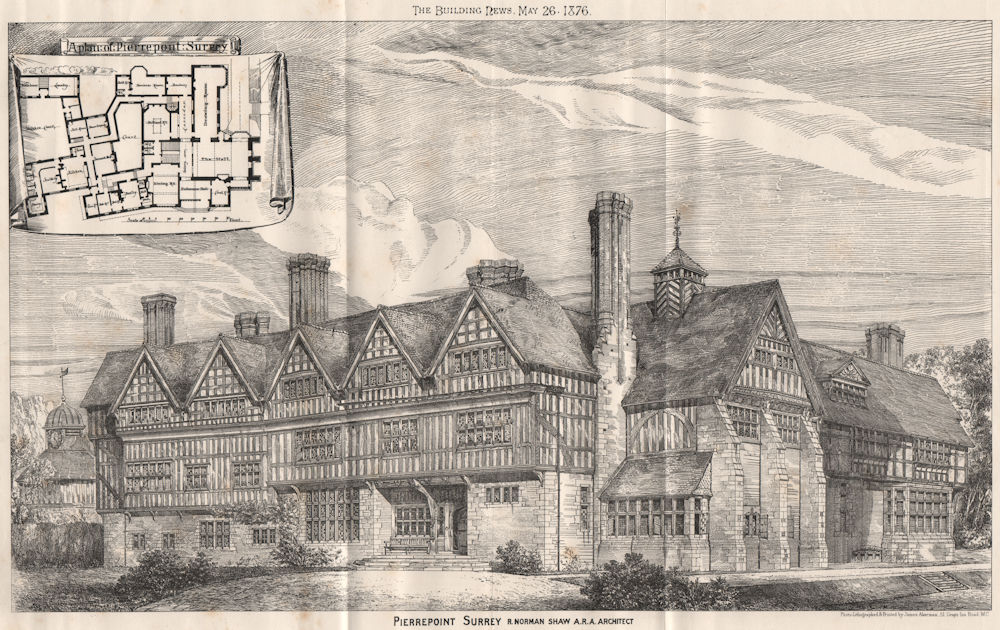 Pierrepoint, Surrey; R. Norman Shaw A.R.A., Architect 1876 old antique print
