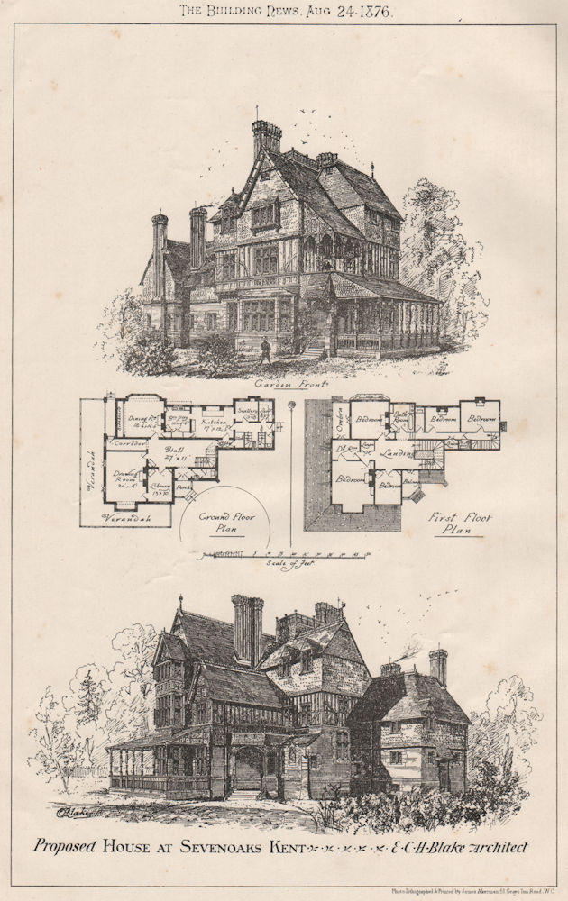 Proposed house at Sevenoaks, Kent; E.C.H. Blake, Architect 1876 old print