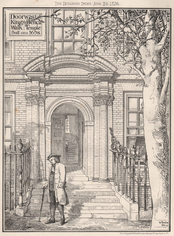 Doorway Kings Bench Walk, Temple, built circa 1678. London 1876 old print