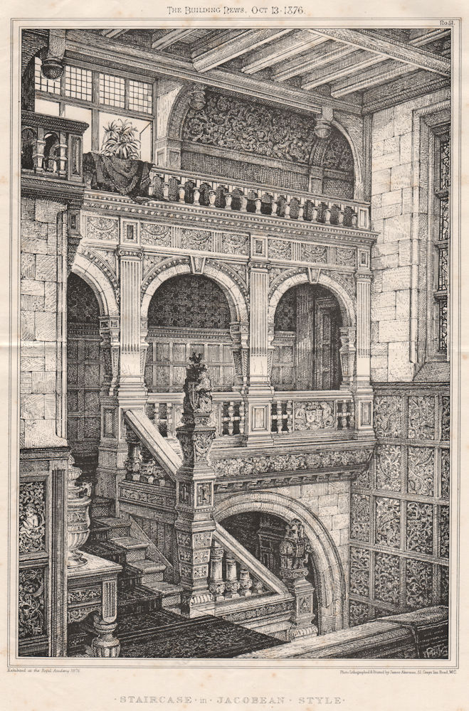 Staircase in Jacobean style . England 1876 old antique vintage print picture