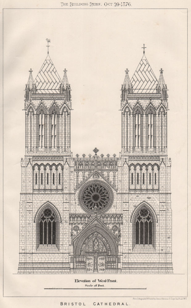 Bristol cathedral, elevation of west front. Gloucestershire 1876 old print