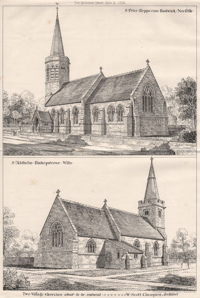 St Peter's church Repps-cum-Bastwick Norfolk; St Aldhelm Bishopstrowe Wilts 1876