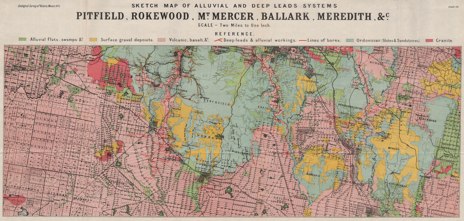 Pitfield Rokewood Mt Mercer Ballark Meredith mines geology. Victoria 1909 map