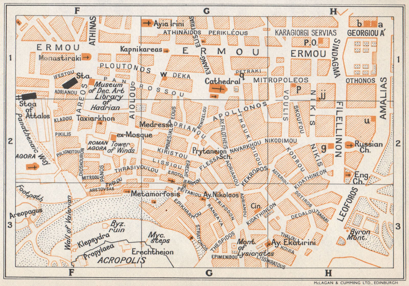 PLAKA & SYNTAGMA neighbourhoods. Vintage map plan. Athens, Greece 1967 old