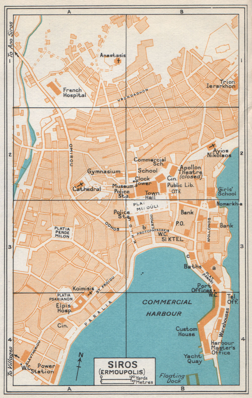 ERMOUPOLI, Syros. Vintage town map plan. Aegean, Greece. Siros Syra 1967